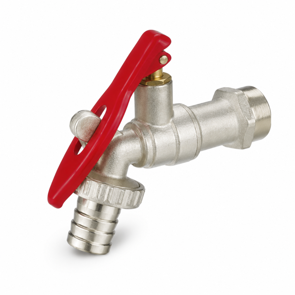 nickel plated brass hose bibcock with red handle