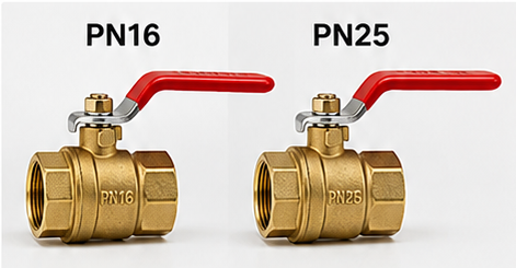 PN16 and PN25 brass ball valves displayed side by side